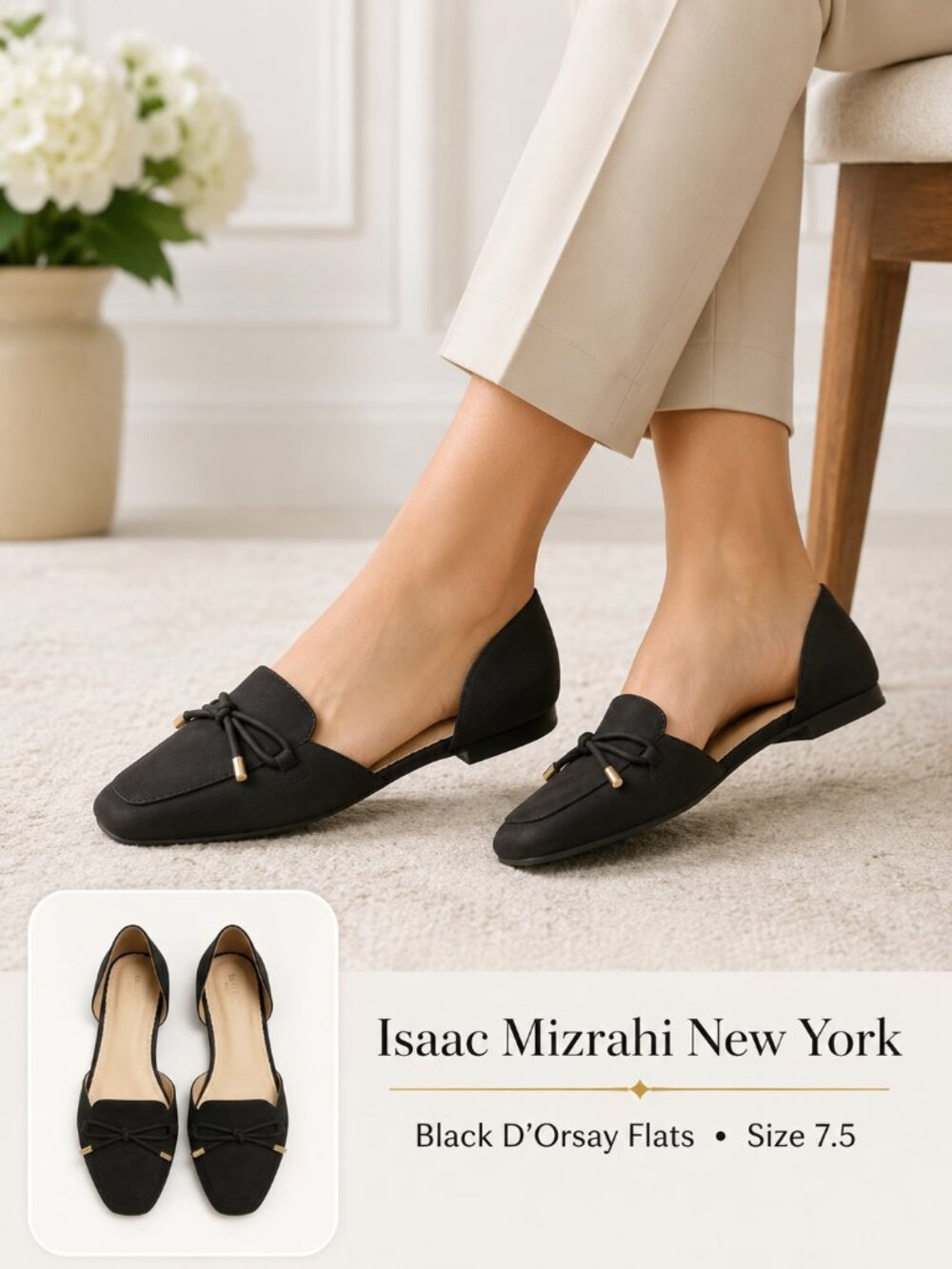 Isaac Mizrahi New York Black D’Orsay Flats Size 7.5 Bow Gold Tip Detail